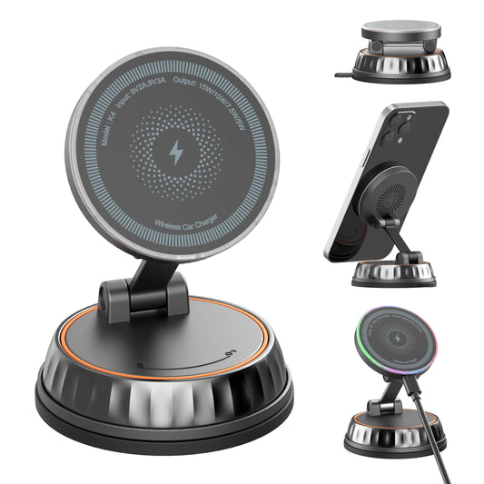 Upgraded 15W Magnetic Wireless Car Charger with Vacuum Suction & 3-Layer Nano Gel Base, 120LB Super Strong Stable Phone Mount Holder, 360° Rotation + 210° Tilt Adjustable Arm for Iphone & Samsung