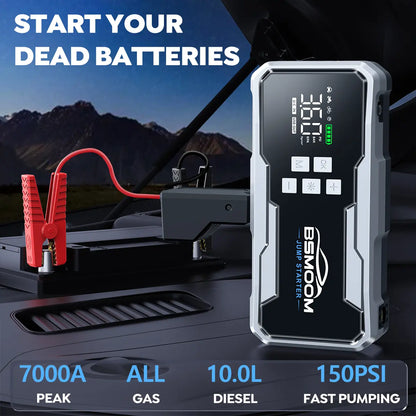  7000A Car Jump Starter with Air Compressor and Tire Inflator, 12V Battery Charger with LCD Display, Multi-Functional Auto Jump Starter with LED and Smart Charging