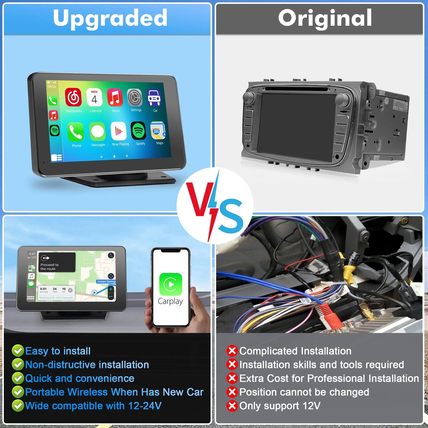 Upgraded Wireless CarPlay Screen for Android & iPhone - Premium Portable CarPlay Adapter for Enhanced In-Car Entertainment and Media Experience
