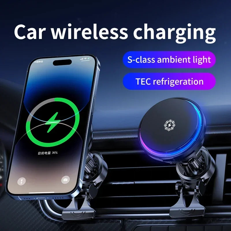 Ice Cooling Magnetic Wireless Car Charger Fast Charging Station for Magsafe Iphone 16 15 14 13 12 Pro Max Car Phone Holder Stand